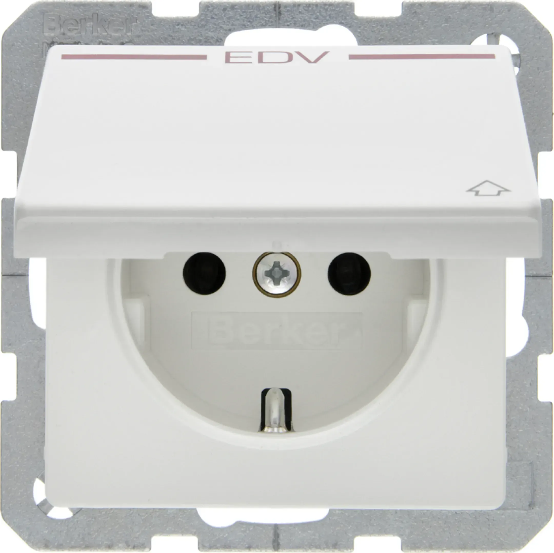 Priza Berker cu capac rabatabil si inscriptie EDV rosu, seria Q.x alb polar mat 47516059