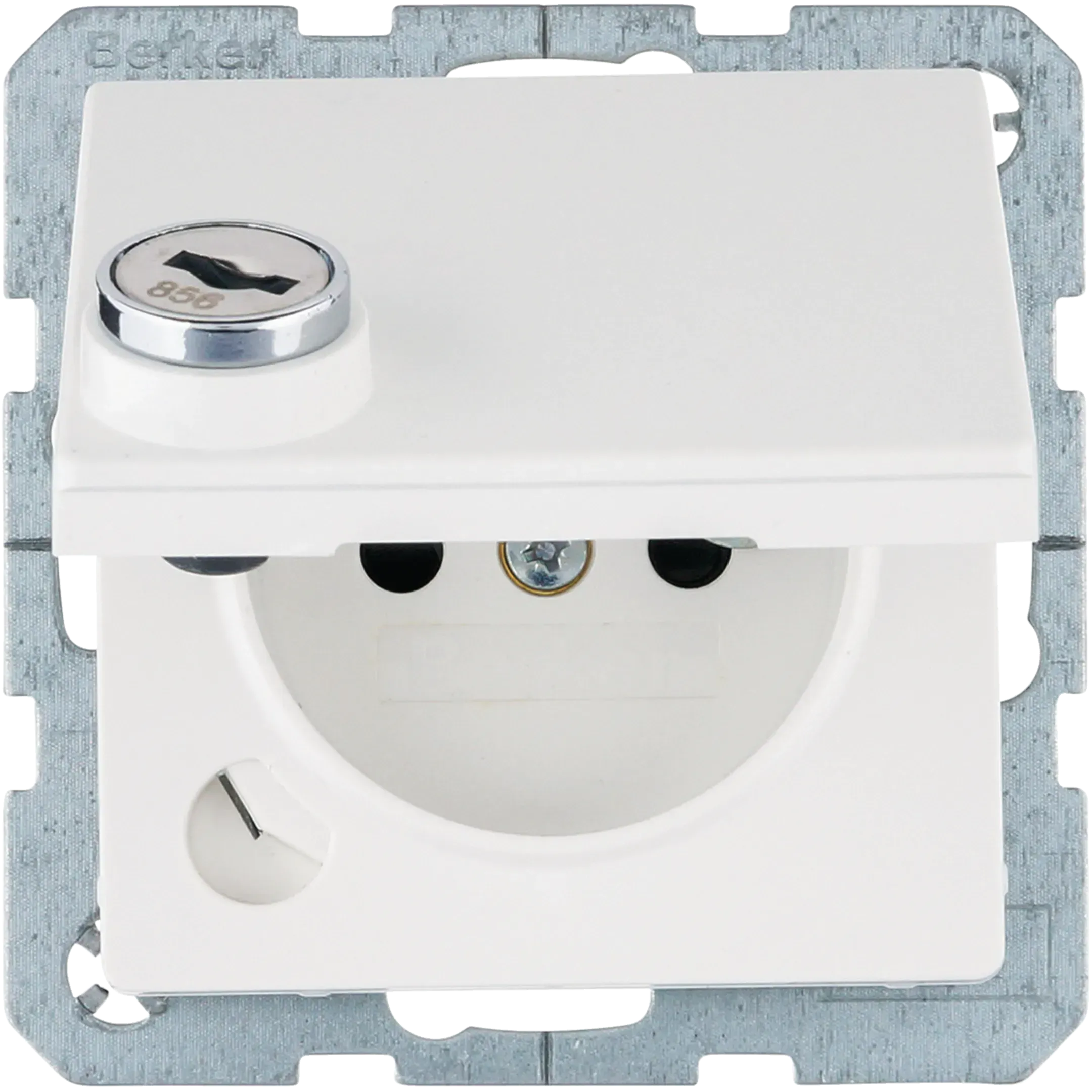 Priza Berker cu stift de protectie, clema lift cu surub, BS inaltat, capac rabatabil si incuietoare, seria Q.1 alb pol mat 6765116089