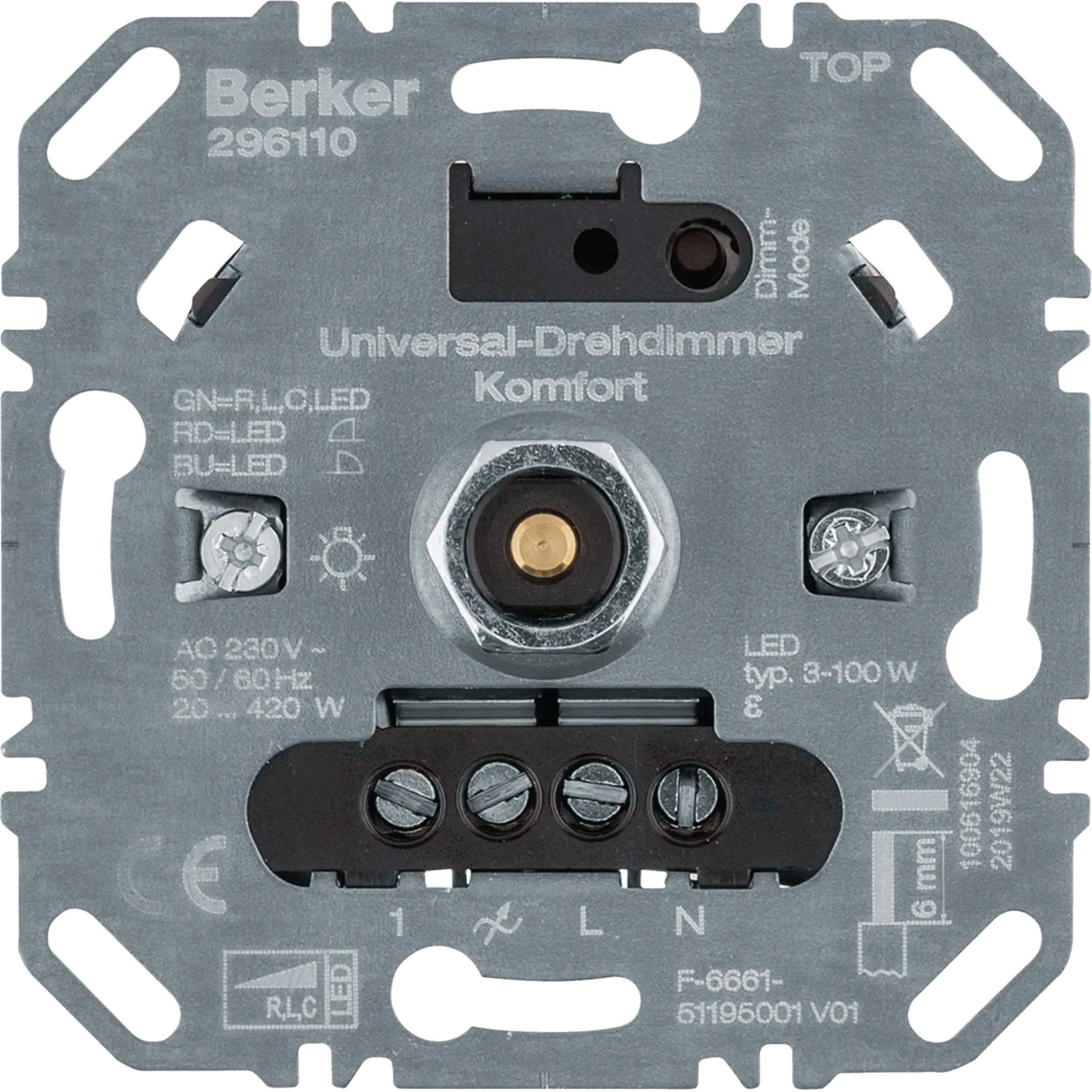 Dimmer rotativ universal confort Berker (R, L, C, LED), cu blocare soft, seria Q.3, 296110