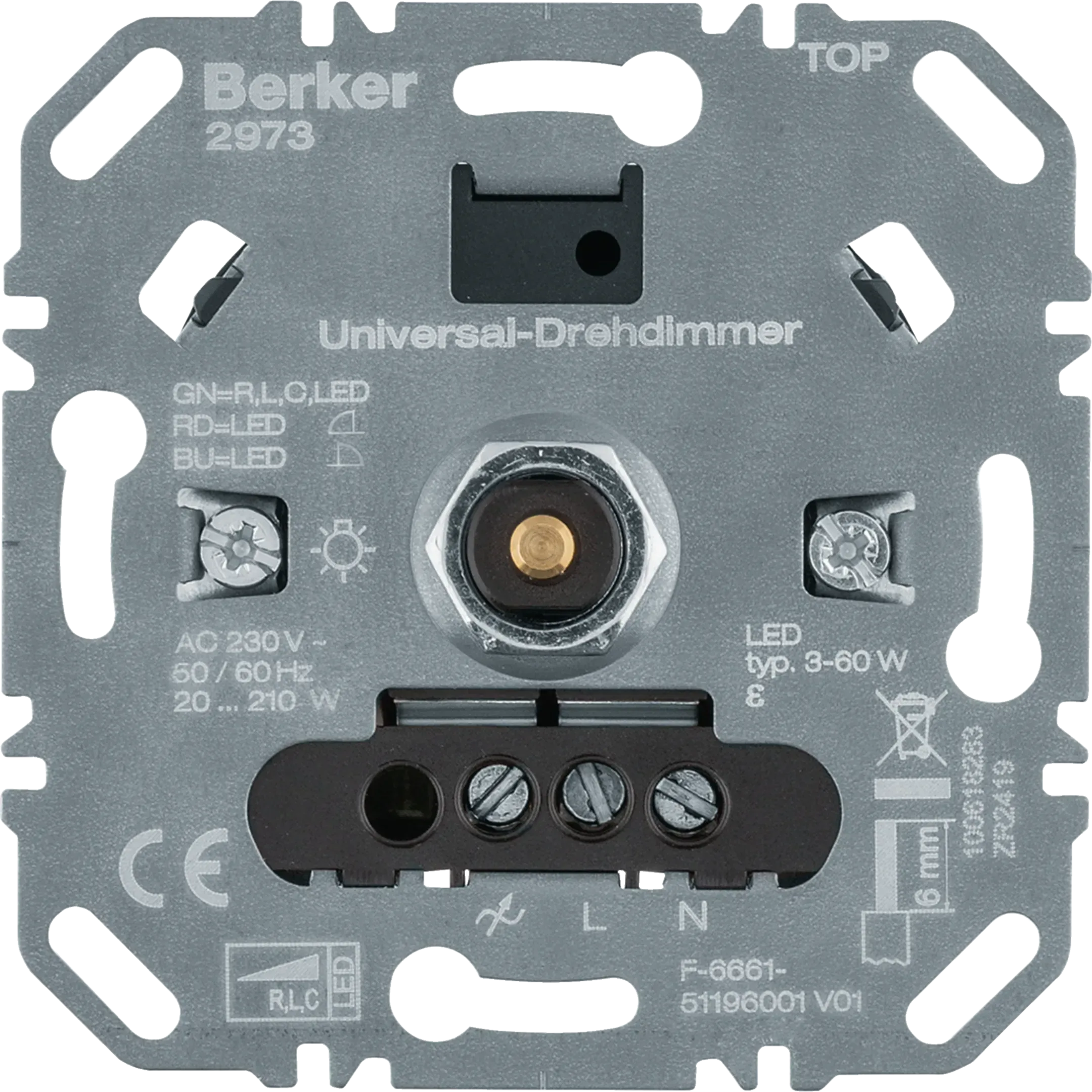 Dimmer rotativ universal Berker (R, L, C, LED), cu blocare soft, pentru controlul iluminatului, seria Q.3, 2973