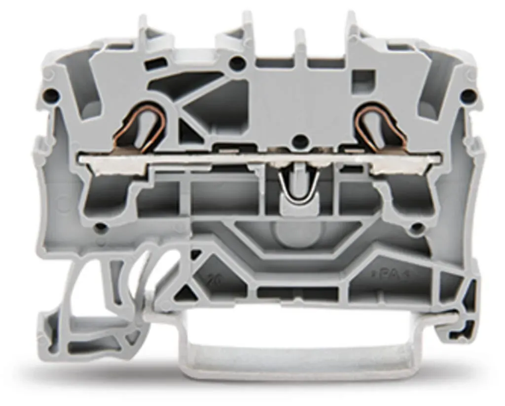 Clema sir Wago cu 2 conductori, 2,5 mm2, pentru sina DIN 35 x 15 si 35 x 7,5, cu sistem CAGE CLAMP inclichetare, gri, 2002-1201