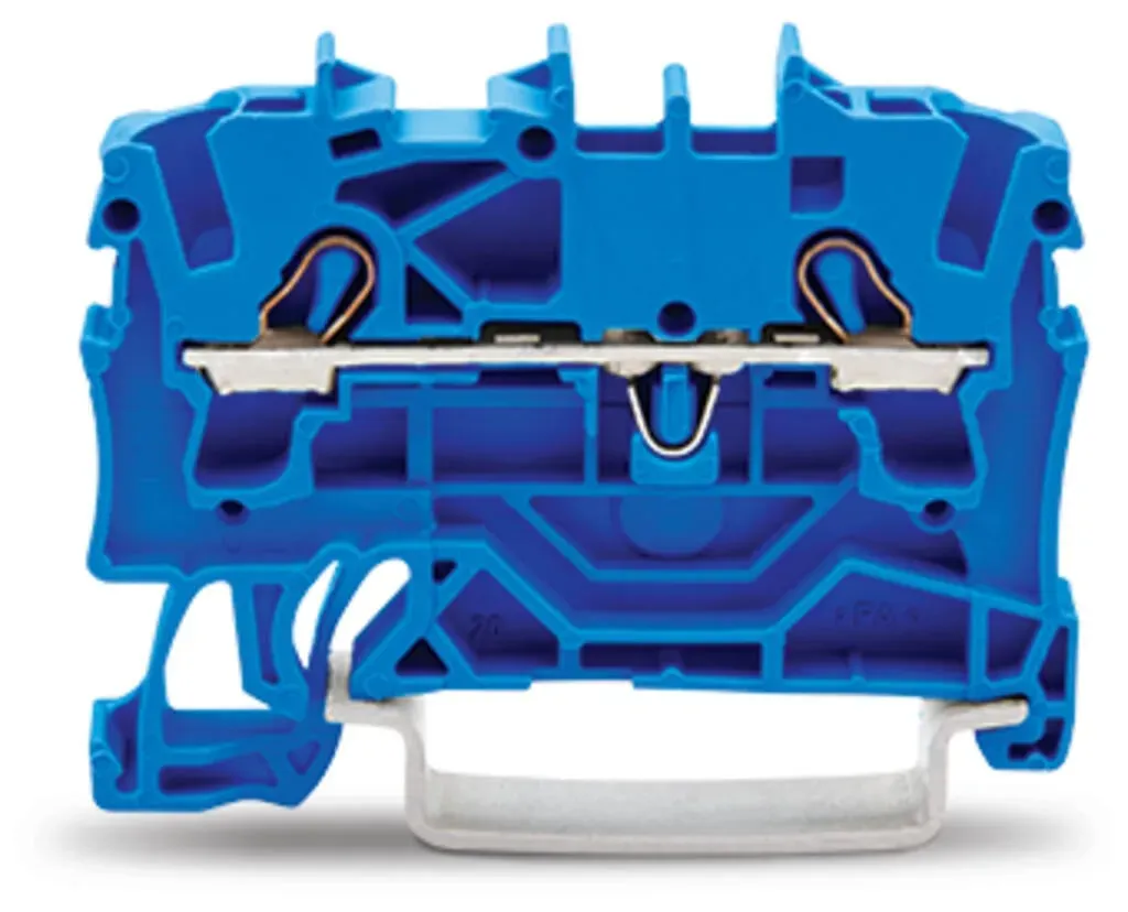 Clema sir Wago cu 2 conductori, 2,5 mm2, pentru sina DIN 35 x 15 si 35 x 7,5, cu sistem CAGE CLAMP inclichetare, albastra, 2002-1204