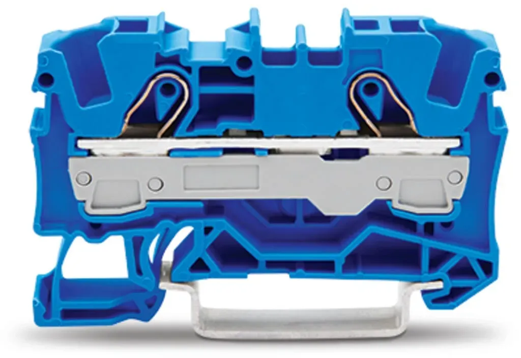Clema sir Wago cu 2 conductori, 6 mm2, pentru sina DIN 35 x 15 si 35 x 7,5, cu sistem CAGE CLAMP  inclichetare, albastra 2006-1204