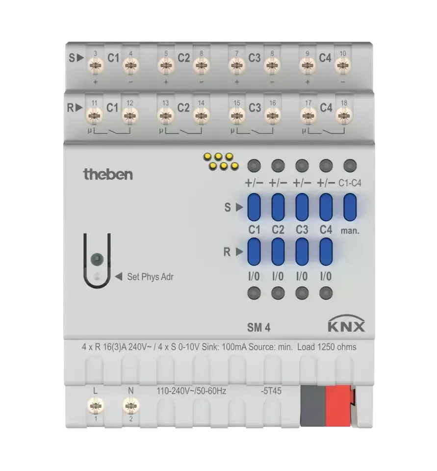 Întrerupător/dimmer cu 4 canale montat pe șină DIN, 10 A, 133 µF, KNX TP, SM 4 KNX