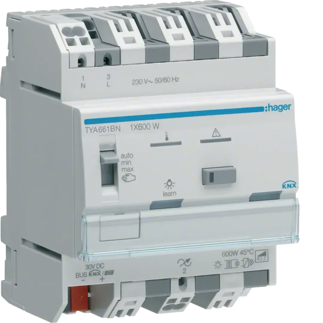 Actuator universal de dimare cu o singură cale KNX, 1x300W, pentru lămpi economice (ESL) și LED,  TYA661AN