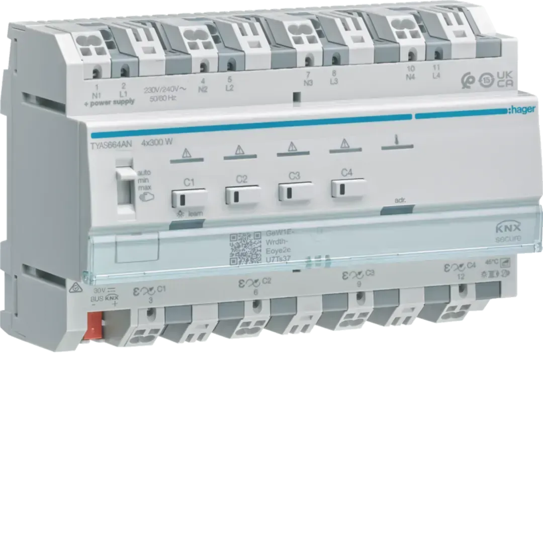Actuator universal de dimare cu 4 canale KNX Secure, 4x300W, pentru lămpi economice (ESL)/LED, combiabil, TYAS664AN