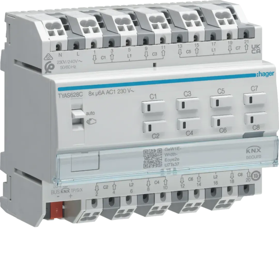 Actuator pentru jaluzele/obloane cu 8 canale KNX Secure, 230V, TYAS628C