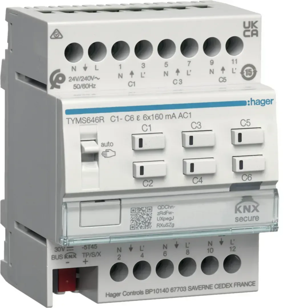 Actuator pentru încălzire cu 6 canale KNX Secure, cu regulator pentru acționări de supapă de 24/230V, Triac, TYMS646R