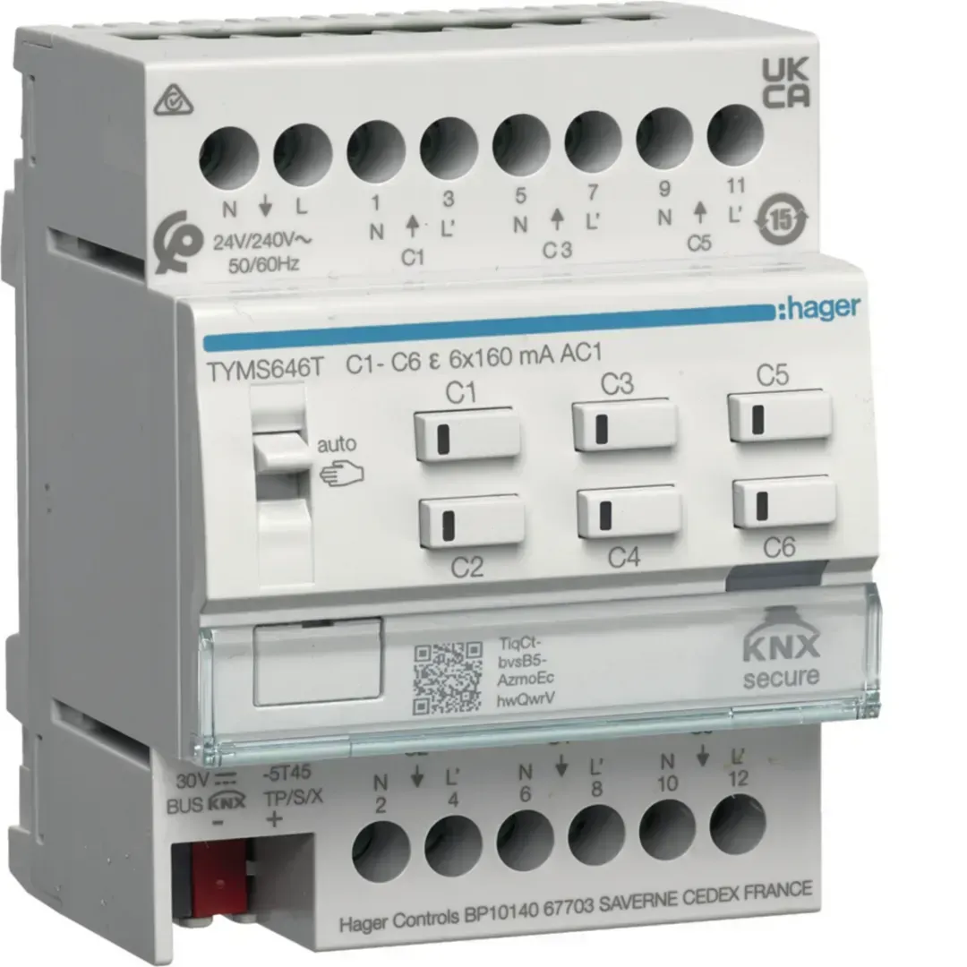  Actuator pentru încălzire cu 6 canale KNX Secure pentru acționări de supapă de 24/230V, Triac TYMS646T