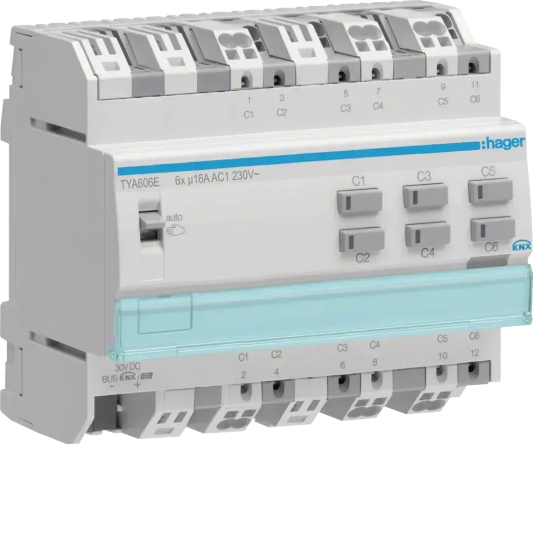 Actuator de comutație 6-canale KNX, 16A, sarcină tip C, cu detecție de curent, TYA606E