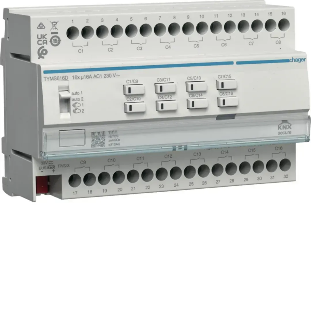 Actuator de comutare/jaluzele 16/8 canale KNX Secure, 16A, sarcina tip C, TYMS616D