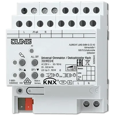 Actuator universal de dimare pentru LED-uri / Regulator de viteză, 1 buton, AC 110 ... 230 V ~, 50/60 Hz, 4 unități de șină.  3901 REGHE
