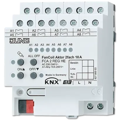 Actuator pentru bobină de ventilație, 2 butoane, AC 230/240 V ~, 50/60 Hz, 4 unități de șină. FCA 2 REGHE