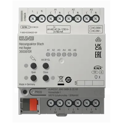 Actuator de încălzire KNX, 6 butoane cu controler, Dispozitiv de montare pe șină, 4 unități de șină, Securizat. 36006 1S R