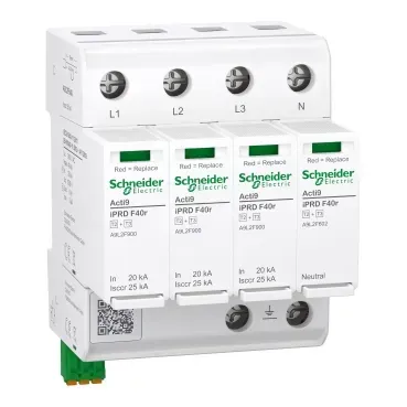  Descărcător supratensiune, Acti9 iPRD F40r, Tip 2+3, Module de protecție plug-in, 3P+N, 40kA, siguranță integrată, contact FM. A9L2F640