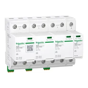  Descărcător supratensiune, Acti9 iPRD1 F25r, Tip 1+2, Module de protecție plug-in, 3P+N, Iimp 25kA, cu siguranță integrată, contact FM. A9L1F625