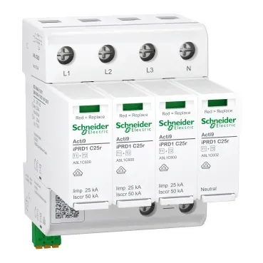 Descărcător supratensiune, Acti9 iPRD1 C25r, Tip 1+2, Module de protecție plug-in, 3P, Iimp 25kA, compact 3TE, contact FM. A9L1C325