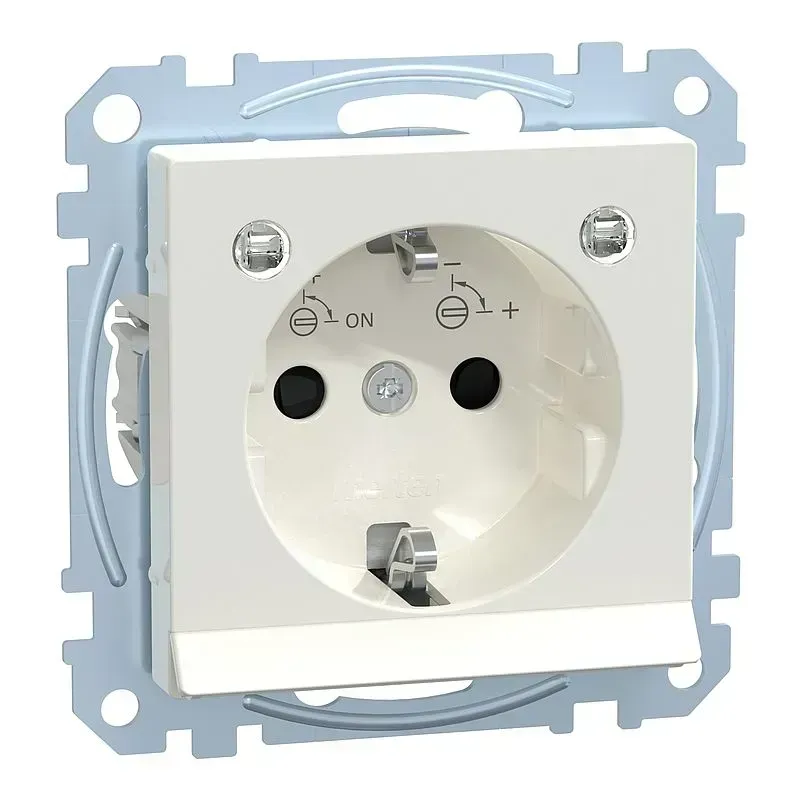 Priza SCHUKO Merten System M alb-polar lucios cu ieșire de lumină si protecție împotriva contactului accidental