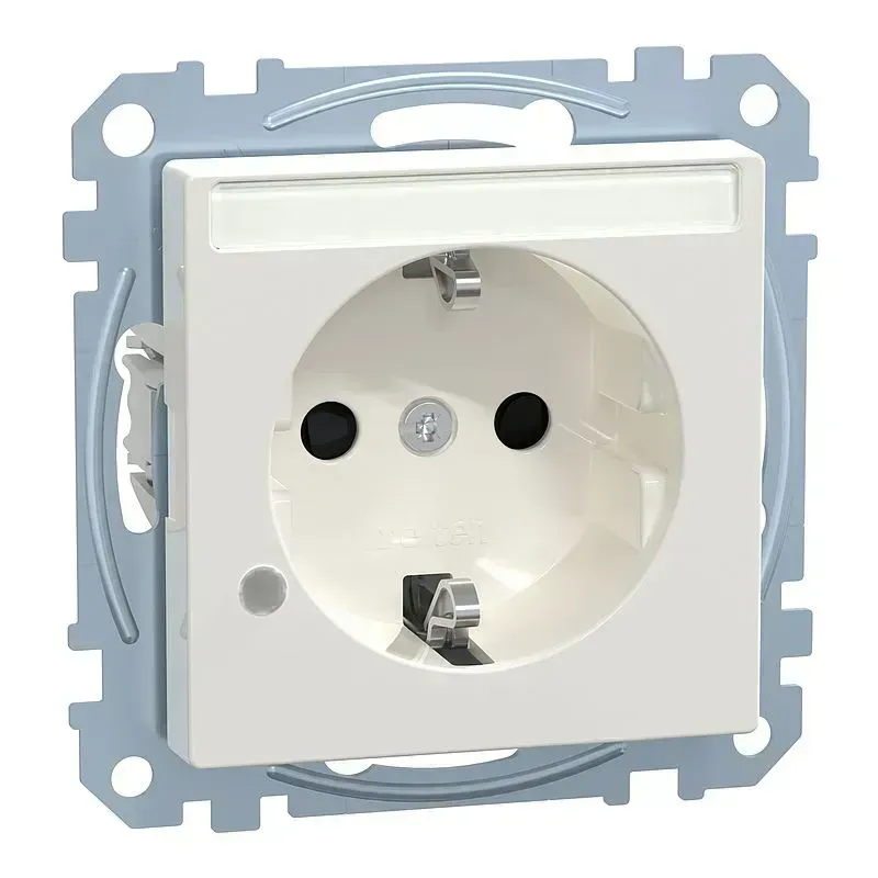 Priza SCHUKO Merten System M alb-polar lucios  cu lumină de control și câmp de inscripționare, protecție împotriva atingerii