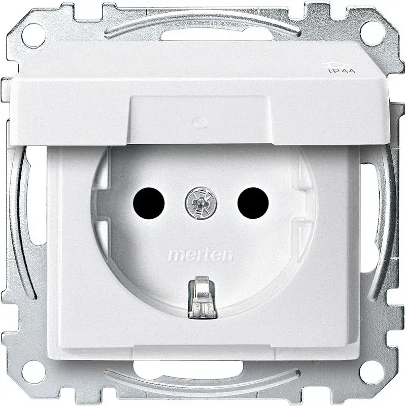 Priza SCHUKO cu capac Merten System M alb-polar si  protecție împotriva atingerii