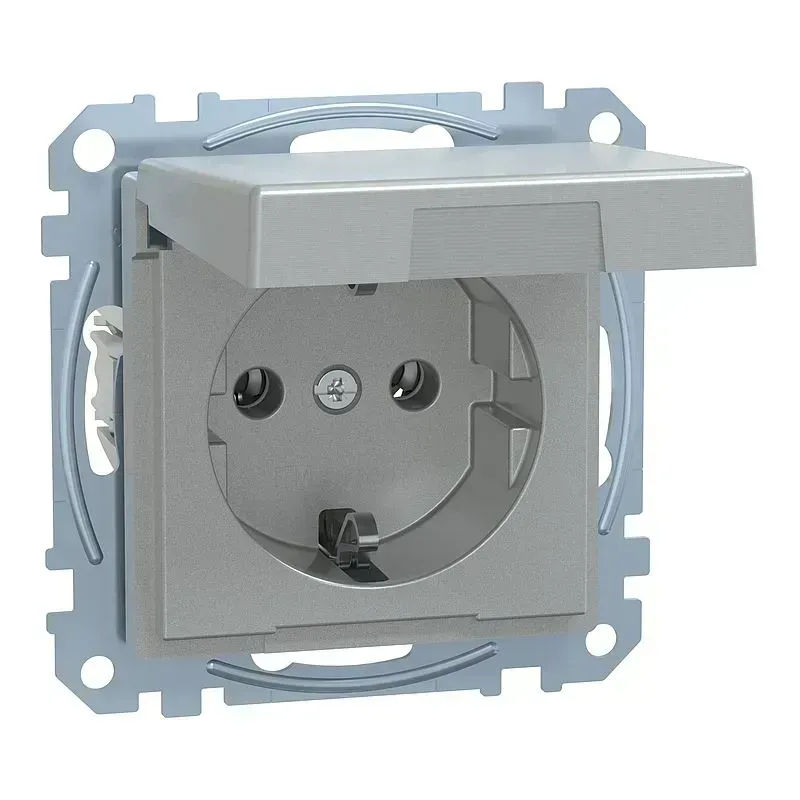 Priza SCHUKO  cu caapac Merten System M aluminiu  și câmp de scriere, protecție împotriva atingerii