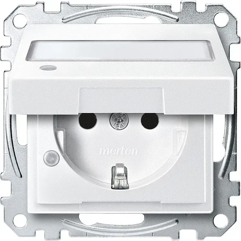 Priza SCHUKO cu capac Merten System M alb-polar lumină de control și câmp de scriere, protecție împotriva atingerii