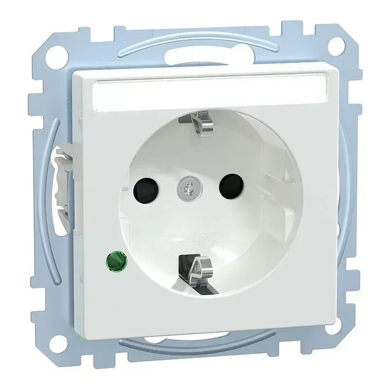 Priza SCHUKO Merten System M alb-activ lucios cu protecție crescută împotriva contactului accidental, protecție împotriva supratensiunilor si câmp de scriere