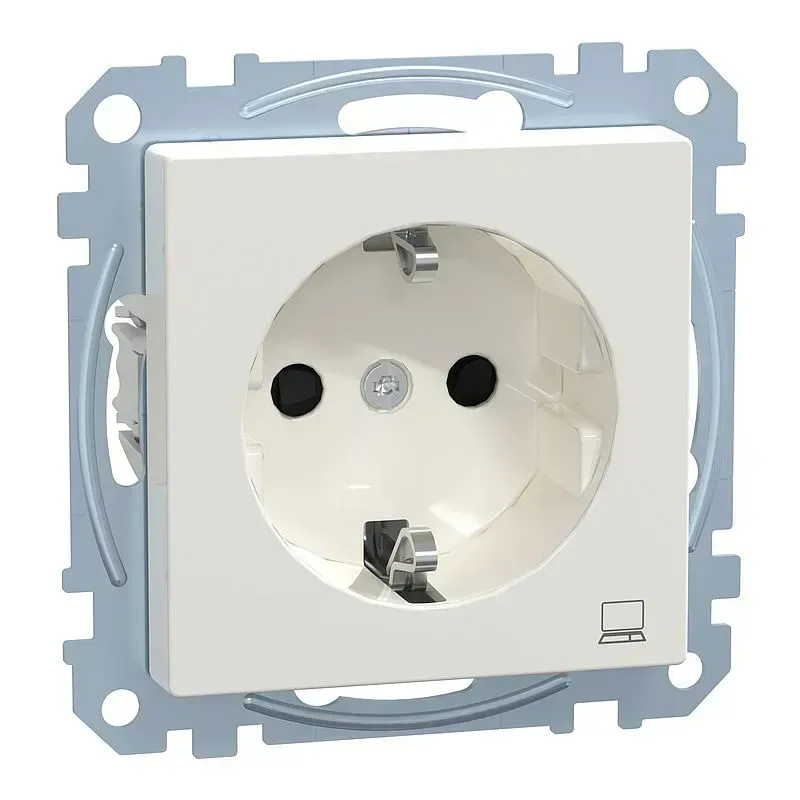 Priza SCHUKO Merten System M alb-polar lucios cu protecție crescută împotriva contactului accidental si marcare pe computer