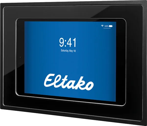 Stație de Andocare Perete Încastrată pentru iPad-uri 10,9" cu Funcție de Încărcare, Aluminiu Negru Eloxat cu Panou de Sticlă Negru InWall-10.9-sz