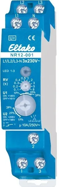 Releu de supraveghere rețea cu control al câmpului învârtitor, 1 contact comutator 10 A NR12-001-3x230V